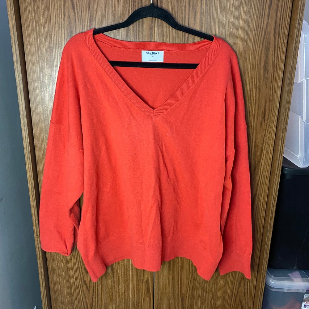 Old Navy SoSoft Lite Sweater Womens XL Orange Red V-Neck Cotton Blend Pullover